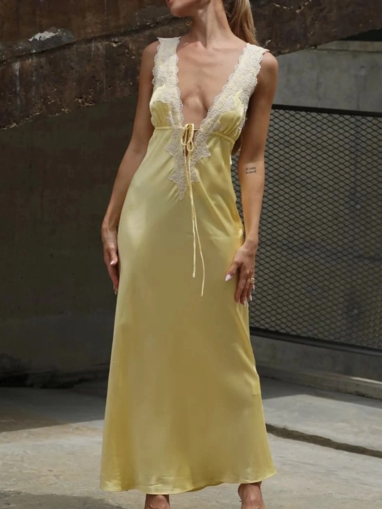 Rumored Dresses & Skirts - Rumored Yellow Satin Lace-Trim Slip Dress